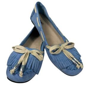 MOMO Blue Faux Suede Fringe Bow Moccasin Flat Loafer Shoe Womens 10M